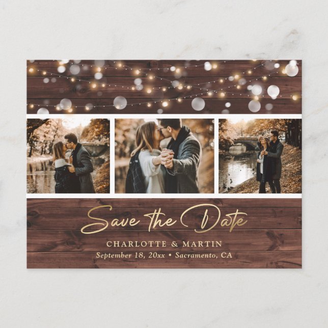 Custom Rustic Wood Wedding 3 Photo Save The Date Announcement Postcard (Front)
