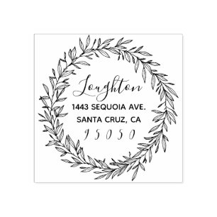 Custom Rustic Wreath & Cute Script Return Address Rubber Stamp