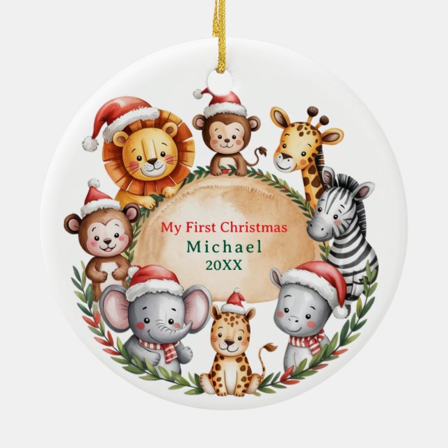 Custom Safari Animals Baby 1st First Christmas Ceramic Tree Decoration (Back)