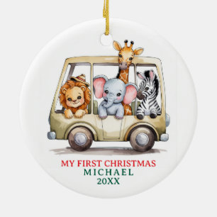 Custom Safari Animals Baby 1st First Christmas Ceramic Tree Decoration