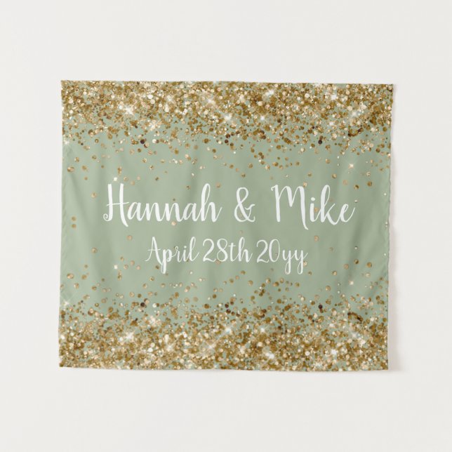 Custom Sage and Gold Wedding Backdrop Photo Booth Tapestry (Front (Horizontal))
