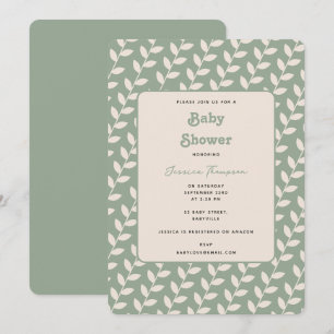 Custom Sage Green 70s Retro Leaf Baby Shower Invitation