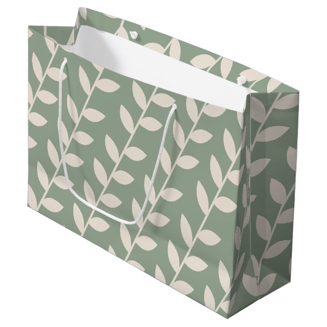 Custom Sage Green 70s Retro Leaf Pattern  Large Gift Bag (Front Angled)
