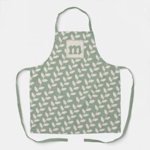 Custom Sage Green 70s Retro Leaf Pattern Monogram Apron
