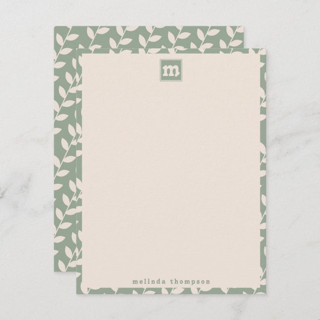 Custom Sage Green 70s Retro Leaf Pattern Monogram Card (Front/Back)