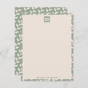 Custom Sage Green 70s Retro Leaf Pattern Monogram Card