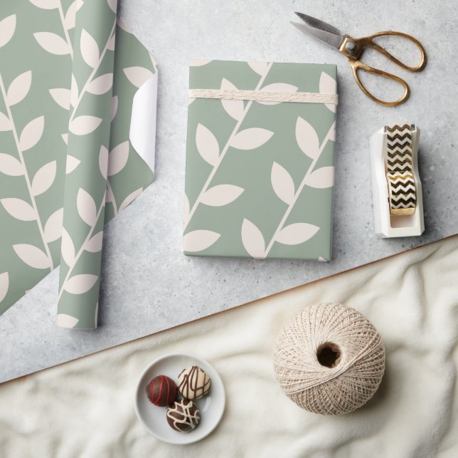 Custom Sage Green 70s Retro Leaf Pattern  Wrapping Paper (Crafts)