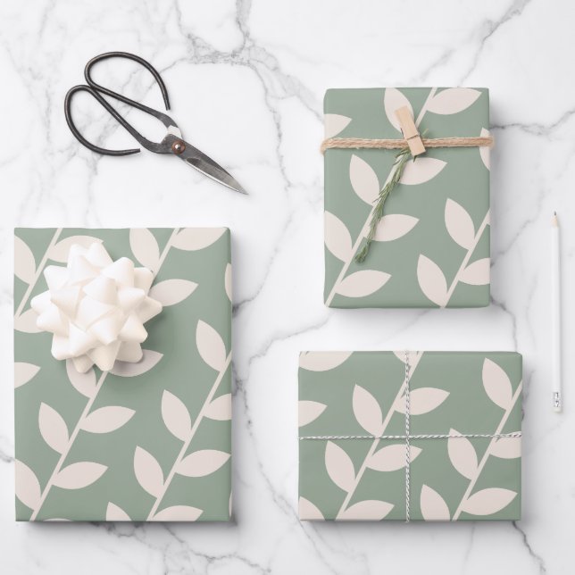 Custom Sage Green 70s Retro Leaf Pattern  Wrapping Paper Sheet (Front)