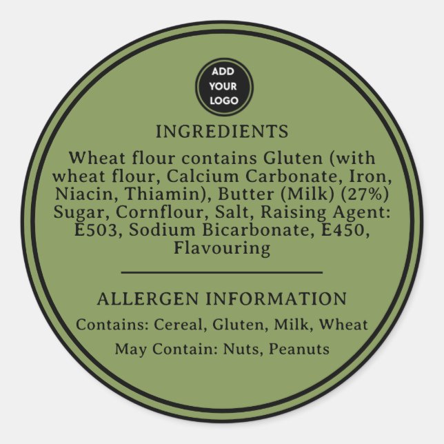 CUSTOM Sage Green   Allergy Alert Bakery Sticker (Front)