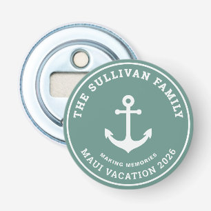 Custom Sage Green Anchor Family Vacation Badge Bottle Opener