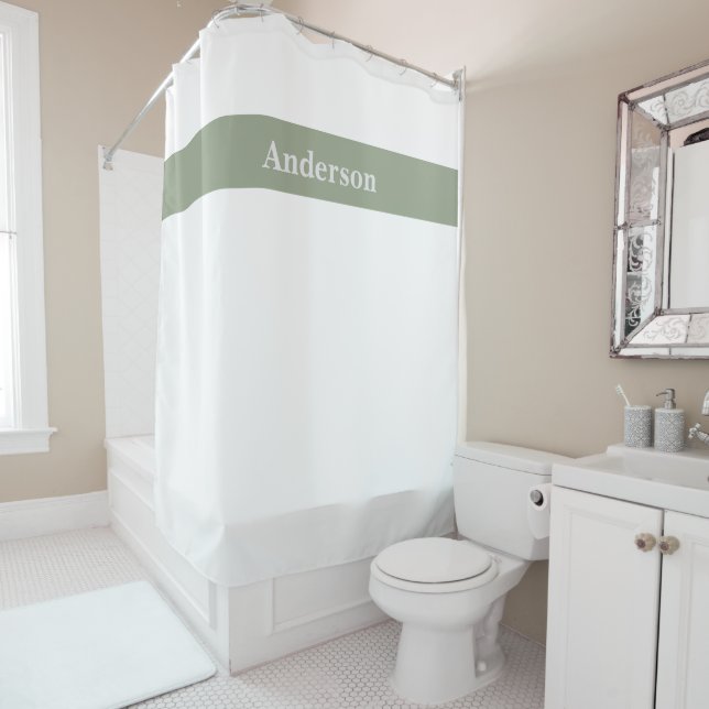 Custom Sage Green and White Surname Shower Curtain (In Situ)