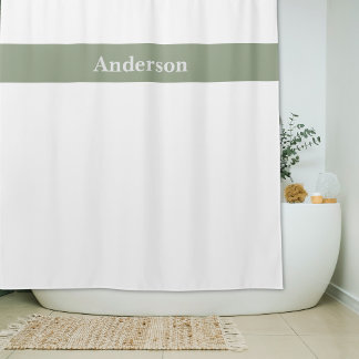 Custom Sage Green and White Surname Shower Curtain