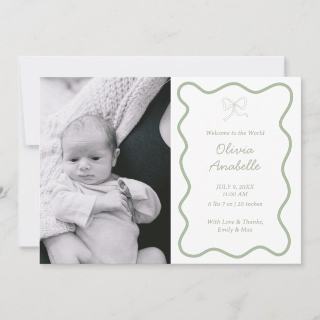 Custom Sage Green Bow Wavy Boho Collage Baby Birth Announcement (Front)