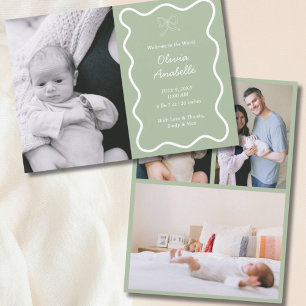 Custom Sage Green Bow Wavy Boho Collage Baby Birth Announcement