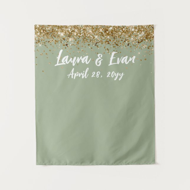 Custom Sage Green Gold Wedding Photo Booth Prop Tapestry (Front)