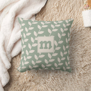 Custom Sage Green Retro Leaf Pattern Monogram Cushion