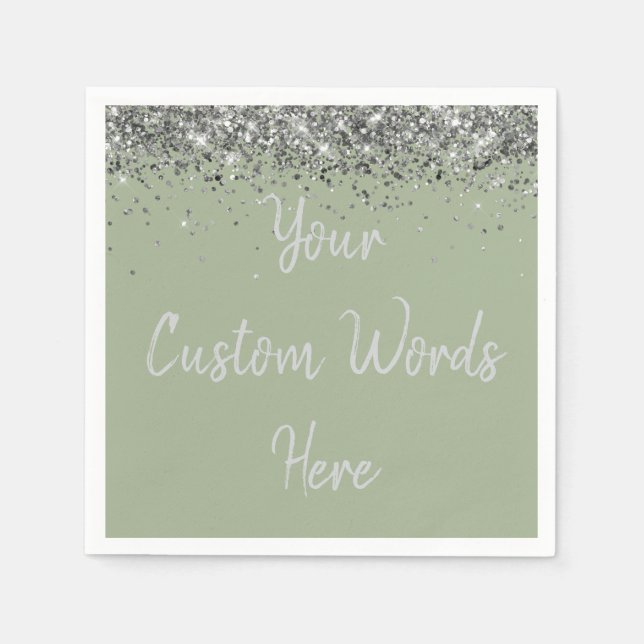 Custom Sage Green & Silver Glitter Birthday Party Napkin (Front)
