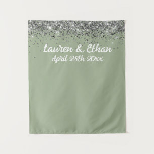 Custom Sage Green Silver Wedding Photo Booth Prop Tapestry
