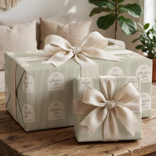Custom Sage Green Striped Bride and Groom Wedding Wrapping Paper