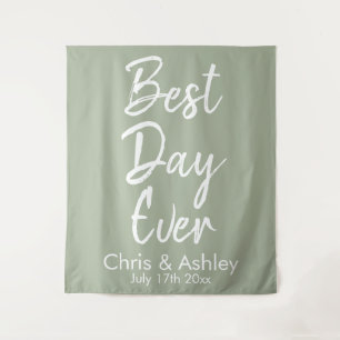 Custom Sage Green Wedding Backdrop Best Day Ever Tapestry