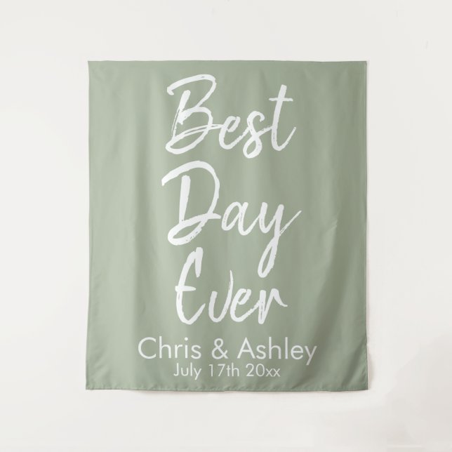 Custom Sage Green Wedding Backdrop Best Day Ever Tapestry (Front)