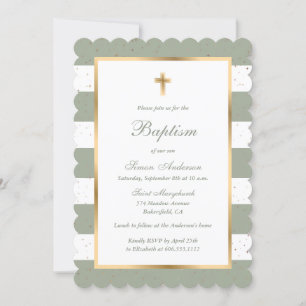 Custom Sage Green White Gold Stripe Baptism Invitation