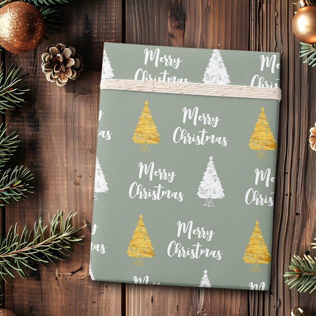 Custom Sage Green White Golden Christmas Tree Wrapping Paper (Creator Uploaded)