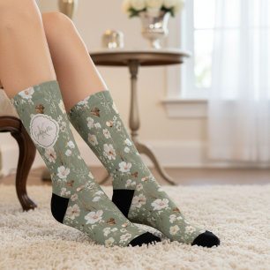 Custom Sage Green Wildflower Monogram Socks