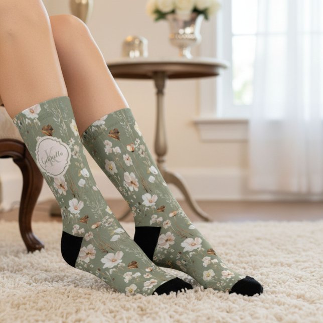 Custom Sage Green Wildflower Monogram Socks (Creator Uploaded)