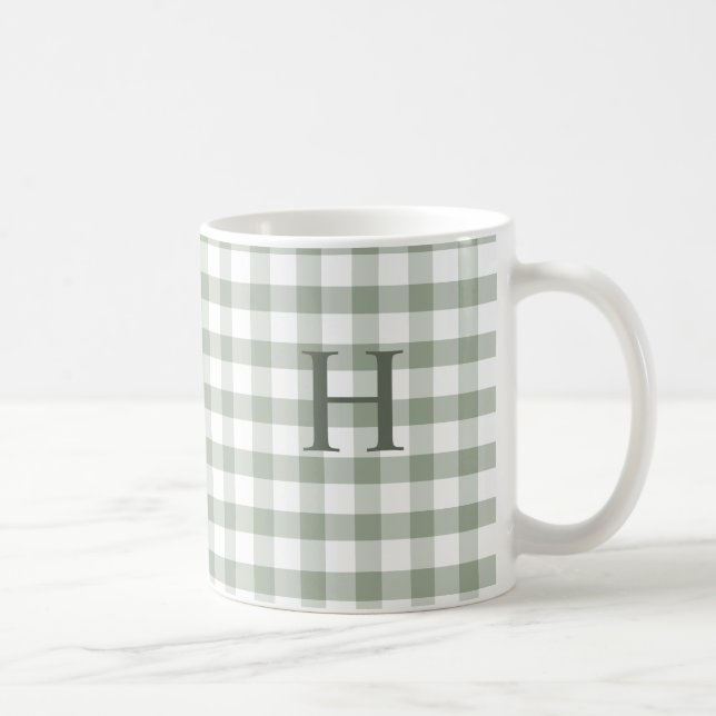 Custom Sage Olive Green Gingham Modern Monogram Coffee Mug (Right)