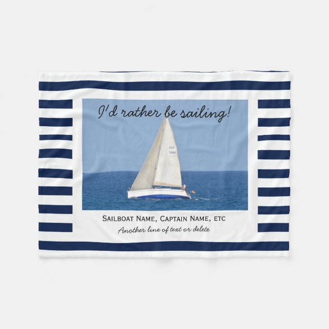 Custom Sailing Sailboat Photo Blue & White Stripes Fleece Blanket (Front (Horizontal))