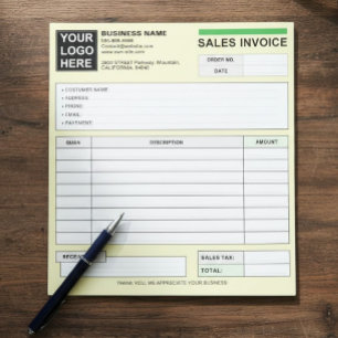 Custom Sales Invoice Receipt Logo, Carbonless Form Notepad