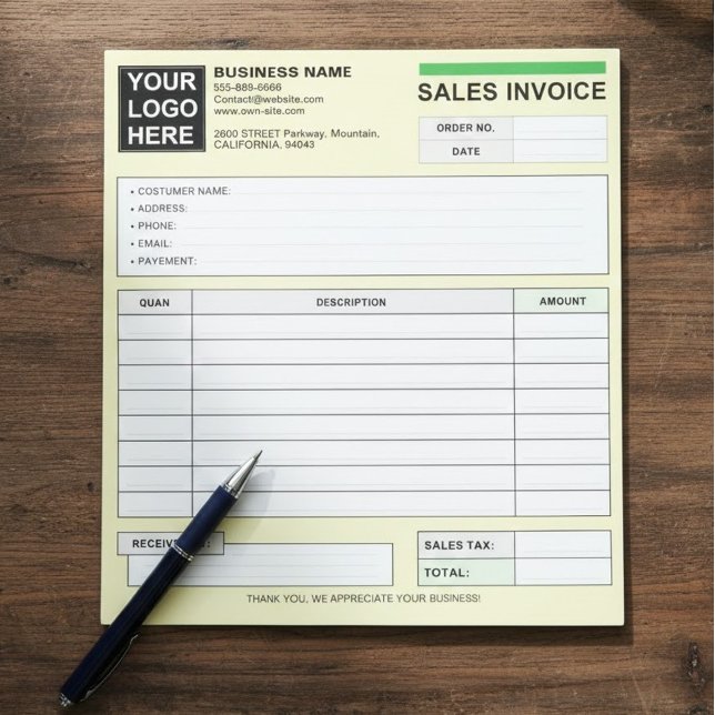 Custom Sales Invoice Receipt Logo, Carbonless Form Notepad (ustom sales invoice books, personalized receipt pads)