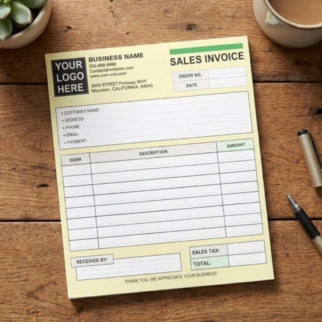 Custom Sales Invoice Receipt Logo | Company Form Notepad (personalized carbonless business forms, small business payment receipts)