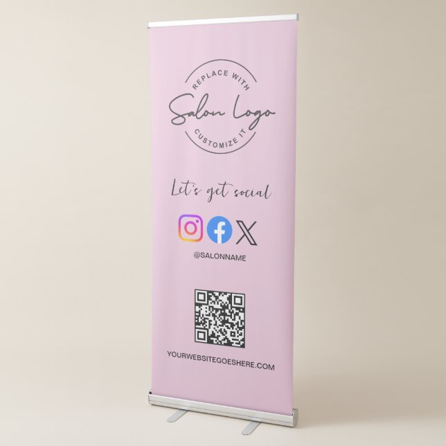 Custom Salon Logo QR Code Social Media Pink  Retractable Banner (3/4)