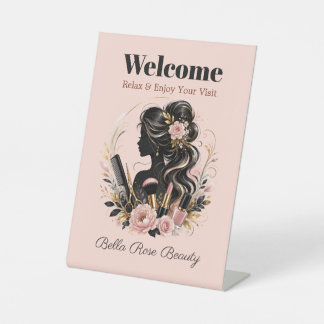 Custom Salon Welcome Blush Floral Pedestal Sign