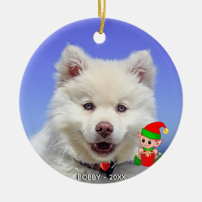 Custom Samoyed Dog Photo with Cute Elf Ceramic Tree Decoration (Front)
