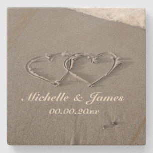 Custom sandstone coasters with heart in beach sand