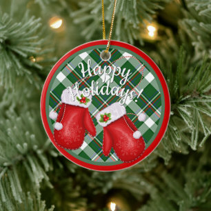 Custom Santa Claus Mittens Red Green Plaid Pattern Ceramic Tree Decoration