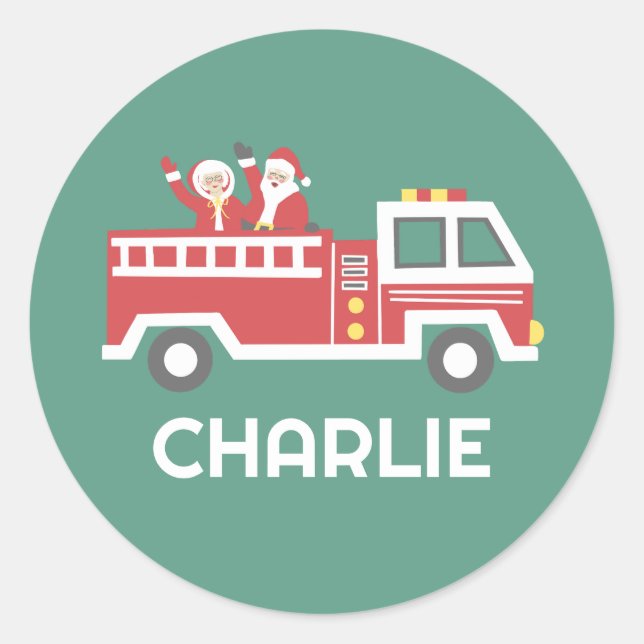 Custom Santa Claus on a Christmas Firetruck  Classic Round Sticker (Front)