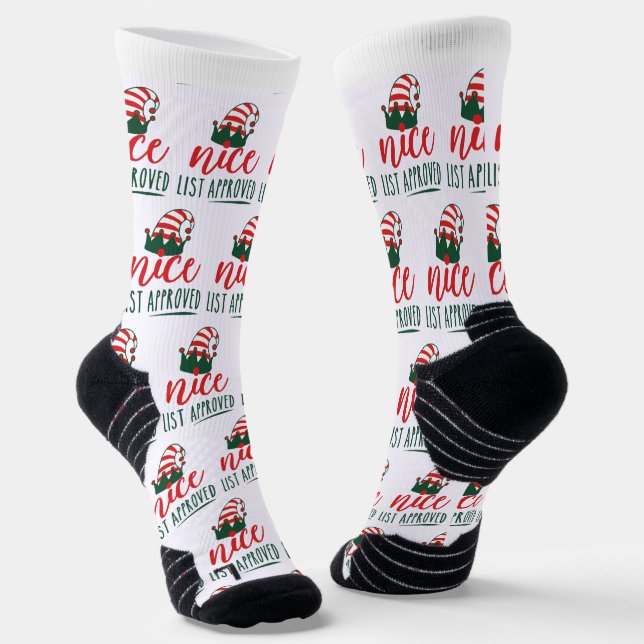 Custom Santa Elf Christmas, Nice List Approved Socks (Angled)