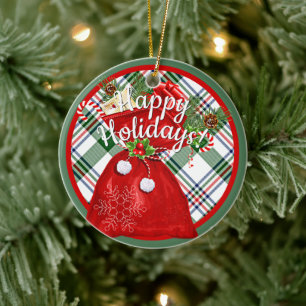 Custom Santa Gift Bag On Red Green Plaid Pattern Ceramic Tree Decoration