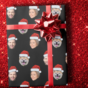 Custom Santa Hat Face 3 Photos Black Wrapping Paper
