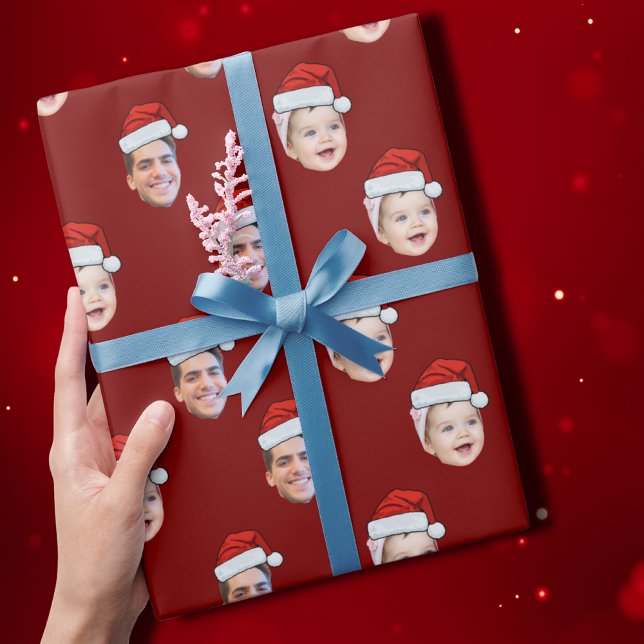 Custom Santa Hat Face Christmas Gift 2 Photos Wrapping Paper (Creator Uploaded)