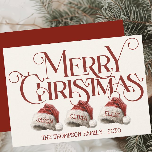 Custom Santa Hat Family Of 3 Red Merry Christmas Holiday Card (Creator Uploaded)