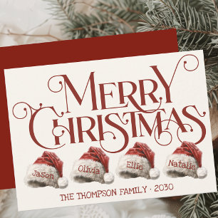Custom Santa Hat Family Of 4 Red Merry Christmas Holiday Card