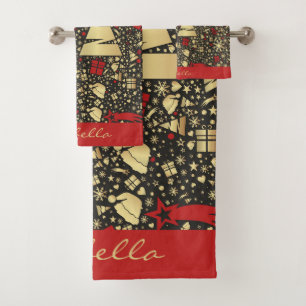 Custom Santa Hat Snowflakes Stars Christmas Tree Bath Towel Set