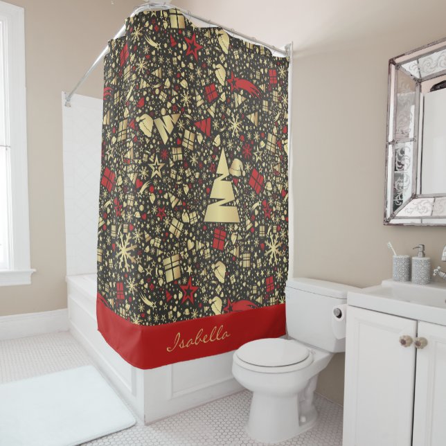  Custom Santa Hat Snowflakes Stars Christmas Tree  Shower Curtain (In Situ)
