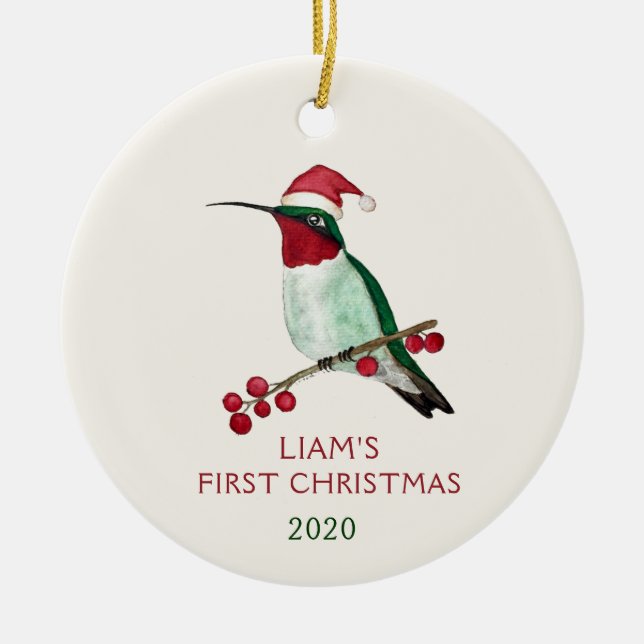 Custom Santa Hummingbird Ceramic Tree Decoration (Front)