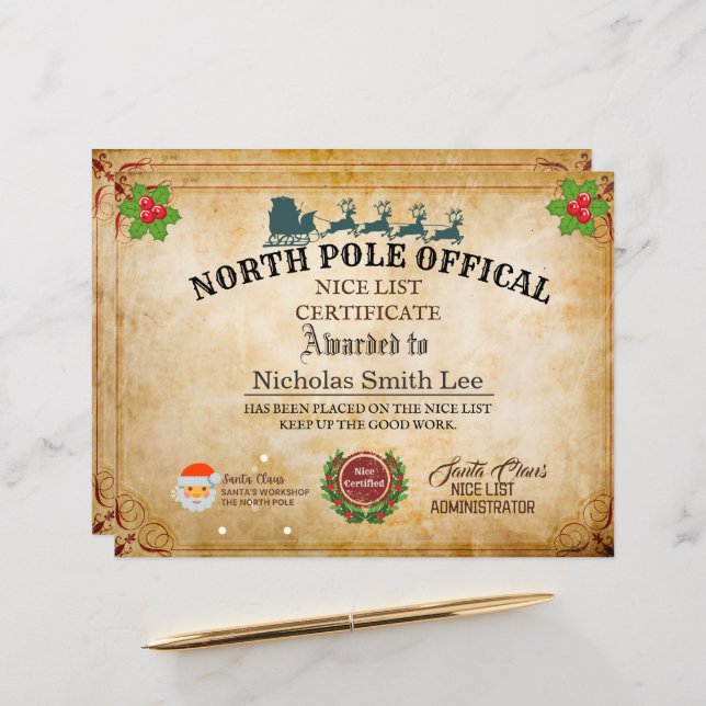 Custom Santa Officials Nice List Christmas Cert (Front/Back In Situ)